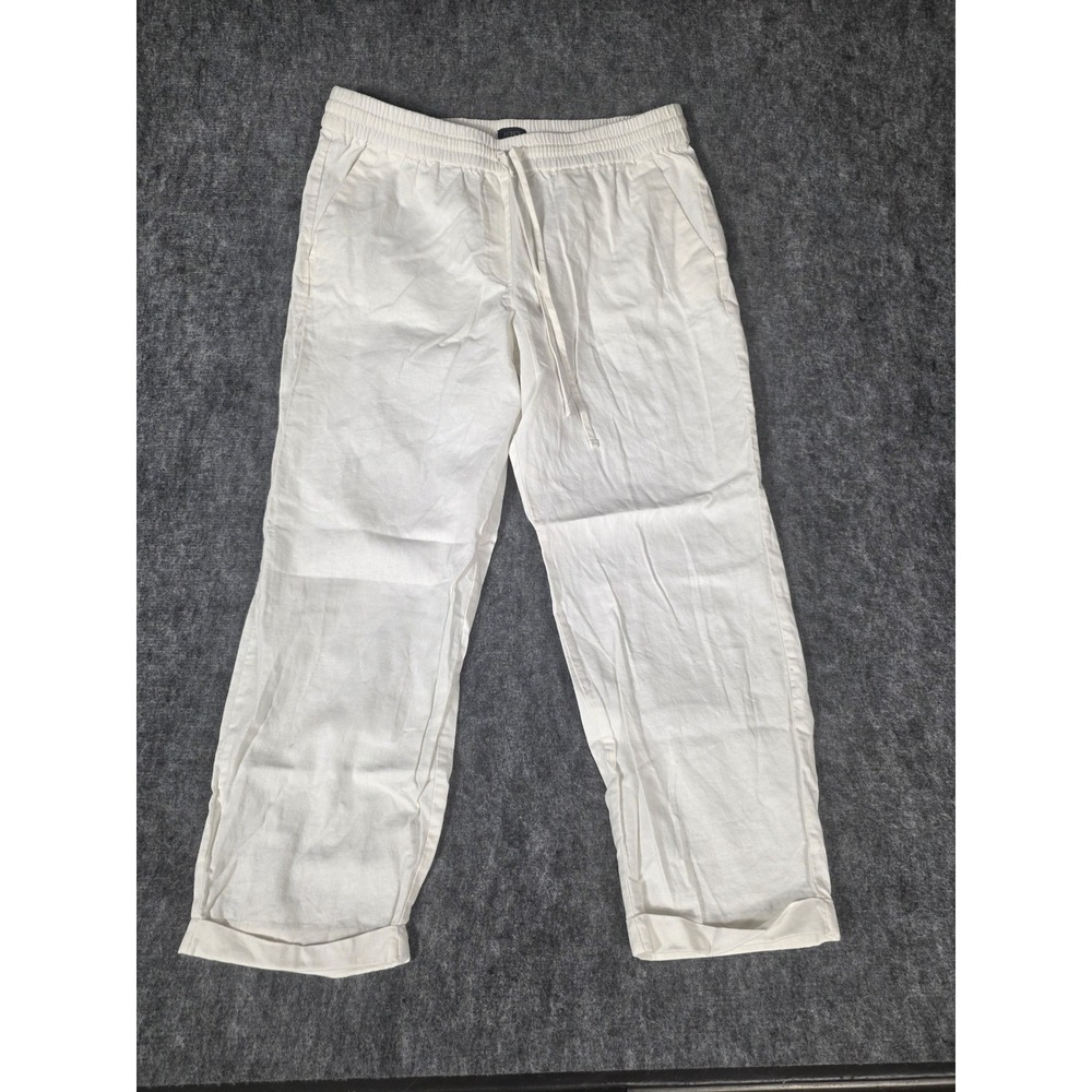 J Crew Seaside Linen Pants Womens 14 White Pull On Drawstring Cuffed Hem AW839